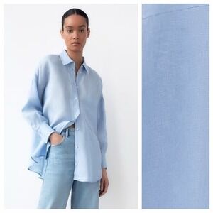 Zara Women's Linen Long Sleeve Oversized Button Up Collared Shirt Blue XS